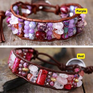 May include: Two leather bracelets with colorful gemstone beads. The top bracelet has purple, red, and white beads. The bottom bracelet has red, pink, and white beads. The bracelets are labeled "Purple" and "Red".