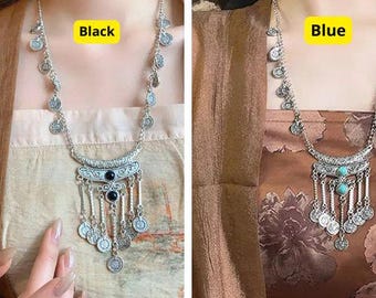 Boho Coin Pendant Necklace with Silver Chain - Ethnic Statement Jewelry for Women
