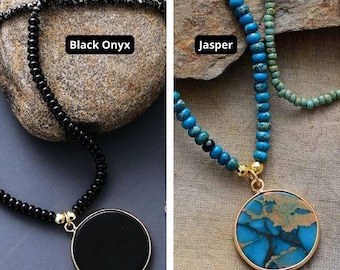 Black Onyx Beaded Necklace, Round Pendant, Minimalist Gemstone Jewelry, Boho Statement Necklace, Gift for Men & Women