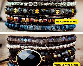 Multi-Layer Perlen Wickelarmband – Boho verstellbare Manschette – Edelstein Leder Armband – handgemachter Statement Schmuck – Geschenk für Frauen