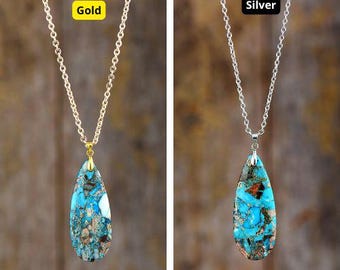 Gold Chain Turquoise Pendant Necklace, Boho Chic Jewelry, Natural Stone Teardrop Necklace, Gift for Women, Handmade Gemstone Jewelry