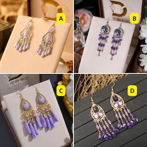 Boho Purple Chandelier Earrings, Silver Beaded Dangle Jewelry, Lightweight Statement Earrings, Gift for Artistic and Boho-Chic Women