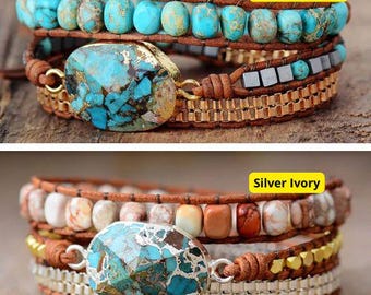 Türkis Wickelarmband, Boho Perlen Manschette, Naturstein Armband, verstellbare Lederarmband, handgemachter Schmuck, Geschenk für Frauen
