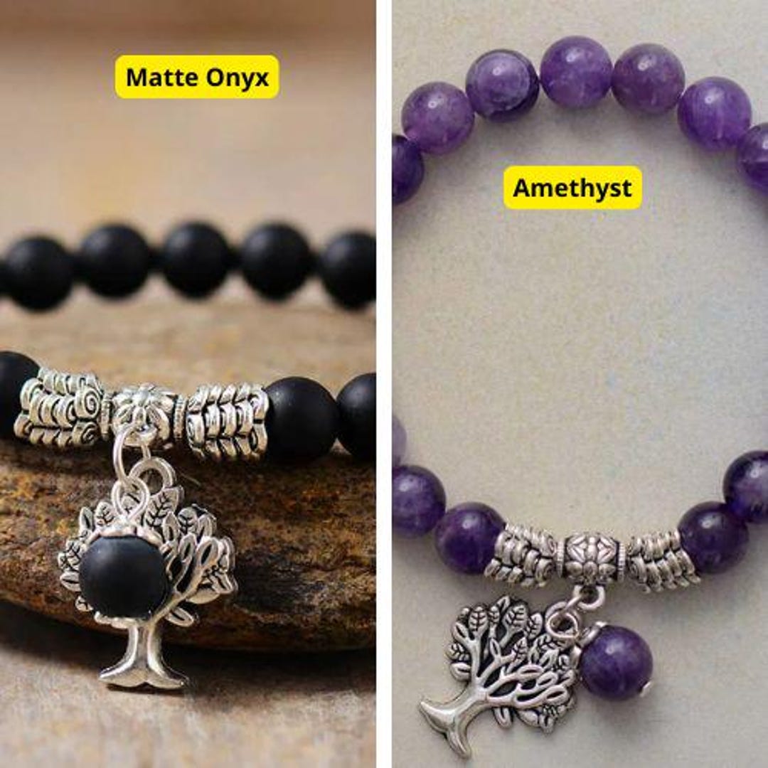 Matte Onyx Beaded Bracelet – Tree of Life Charm – Unisex Boho Bracelet ...