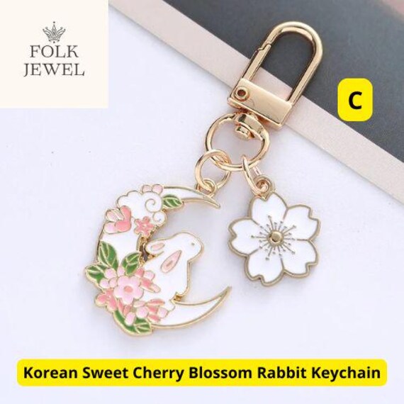 Elegant Pearl Bunny Keychain With Sakura and Fan Charms - Etsy