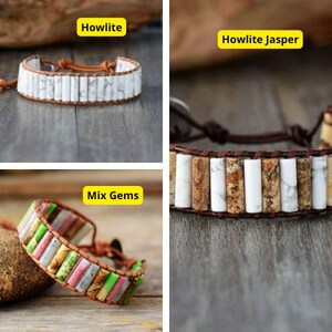 May include: Three leather bracelets with different gemstone beads. The first bracelet has white howlite beads, the second has white howlite and brown jasper beads, and the third has a mix of white, green, pink, and brown beads.