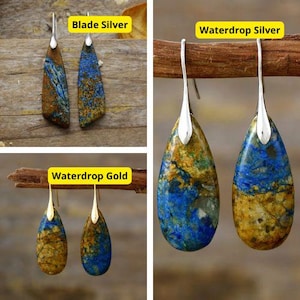 Może przedstawiać: Trzy pary kolczyków z niebieskimi i złotymi kroplami kamieni. Kolczyki są oznaczone jako "Blade Silver", "Waterdrop Silver" i "Waterdrop Gold".
