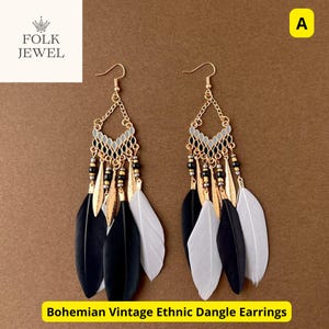 Black and White Feather Earrings, Gold Boho Chic Dangle Design, Lightweight Statement Jewelry for Festivals, Parties, or Casual Wear