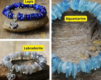 Pulsera de lapislázuli: joyería de cuentas de piedras preciosas naturales, dije de corazón de plata, pulsera elástica ajustable, regalo bohemio para mujeres y niñas.
