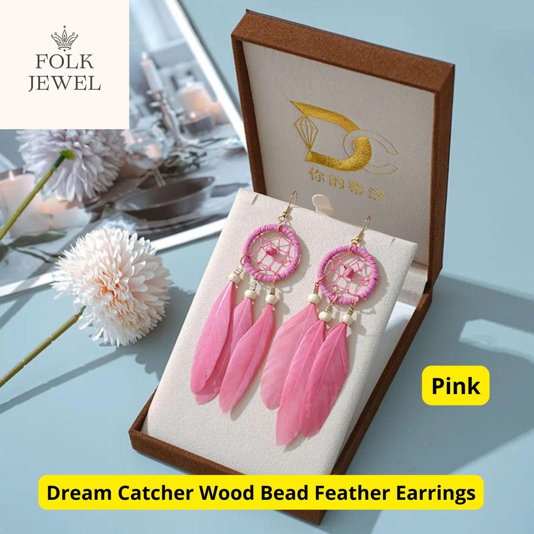 Orecchini Lunghi Boho Con Piume E Perline – Gioielli Etnici Fatti A Mano, Dreamcatcher, Regalo Per Donna