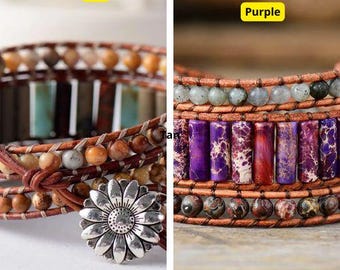 Boho Tan Jasper Wrap Bracelet – Natural Stone Beaded Cuff