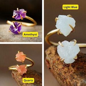 Raw Amethyst Gold Ring, Double Stone Adjustable Ring, Boho Rough Crystal Ring, Unique Statement Jewelry, Healing Gemstone Gift for Women