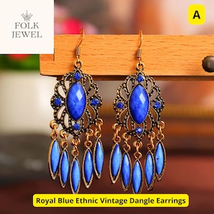 Royal Blue Ethnic Dangle Earrings, Gold Boho Chic Filigree Design with Gemstone Accents, Statement Jewelry for Parties or Gifts