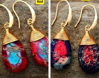 Pendientes colgantes bohemios rojos y turquesas: joyas llamativas con alambre enrollado