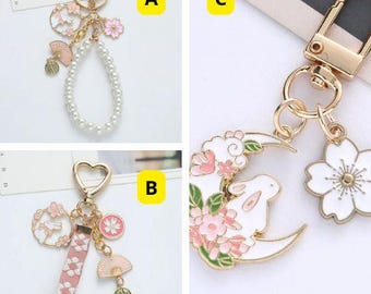 Elegant Pearl Bunny Keychain With Sakura and Fan Charms - Etsy