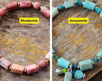 Rhodonite Bracelet, Pink Gemstone Beaded Bracelet, Boho Stretch Bracelet, Natural Stone Jewelry, Handmade Jewelry, Gift for Women