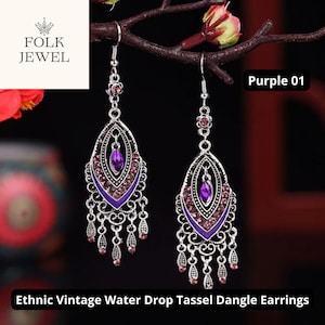 Purple Chandelier Earrings with Gemstone Accents, Boho Chic Dangle Jewelry for Women, Unique Statement Earrings for Special Occasions