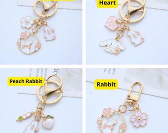 White Bunny and Sakura Charm Keychain - Cute Floral Keyring Gift