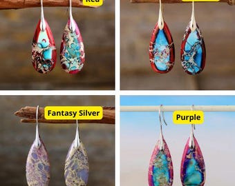 Pendientes de lágrima rojos y turquesas, pendientes de piedras preciosas de plata, joyería artística, regalo para mujer