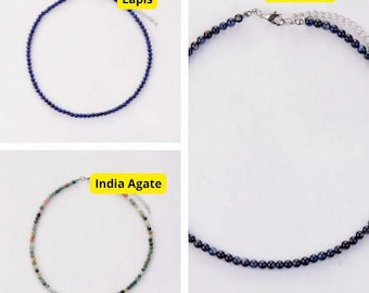 Lapis Lazuli Beaded Necklace, Minimalist Blue Gemstone Choker, Adjustable Silver Chain, Dainty Boho Jewelry, Elegant Gift for Her
