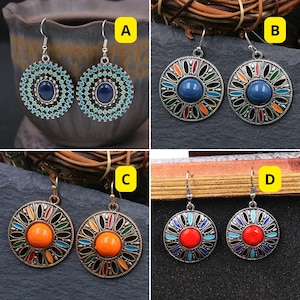 Boho Round Blue and Turquoise Drop Earrings, Ethnic Statement Jewelry for Women, Vintage-Inspired Lightweight Earrings