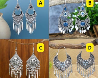 Silver Boho Tribal Chandelier Earrings, Black Gemstone Dangle Earrings, Ethnic Jewelry for Women, Statement Festival Accessory