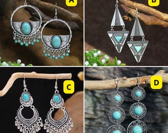 Ethnic Boho Turquoise Chandelier Earrings - Silver Filigree Dangle Earrings with Stone Accent - Lightweight Bohemian Jewelry
