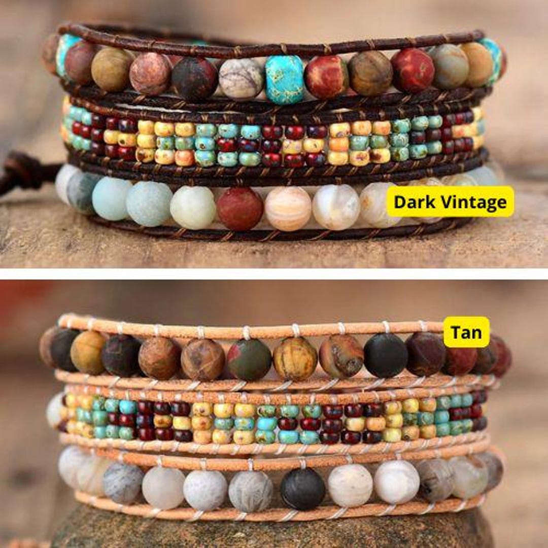 Vintage Beaded Wrap Bracelet, Boho Leather Cuff, Multi-layered