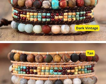 Pulsera vintage de cuentas, brazalete bohemio de cuero, pulsera de piedras preciosas multicapa, joyería natural, regalo para mujer