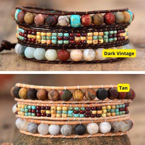 Vintage Beaded Wrap Bracelet, Boho Leather Cuff, Multi-layered