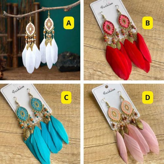 LAYCHEN Orecchini Vintage Bohemien con Piume Bianche Lunghe per Donna Orecchini con Nappa A Catena Color Oro con Temperamento Etnico Gioielli da Sposa Boho