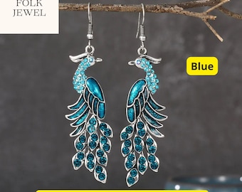 Blue Drop Oil Peacock Earrings for Women – Vintage Long Silver Geometric Rhinestone Boho Jewelry – Ethnic Animal Earrings, Elegant Statement