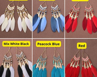 Blue Feather Dangle Earrings with Beads and Gold Accents, Boho Statement Jewelry for Women, Festival Accessories, Gift Idea