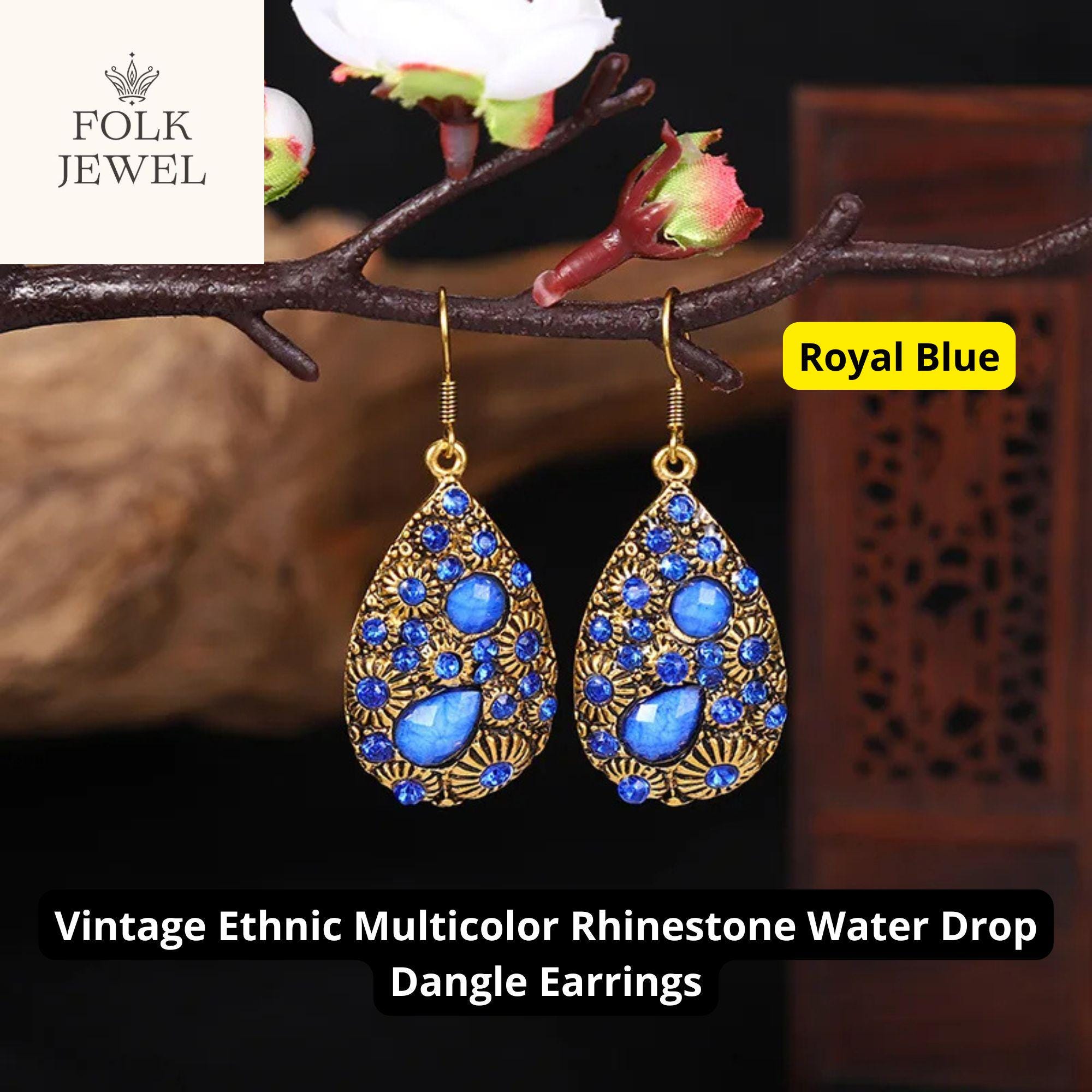 Blue and Gold Teardrop Earrings, Boho Chic Dangle Design  display picture 3