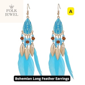 Turquoise Feather Earrings with Tribal Pattern, Boho Chic Statement Jewelry for Festivals, Parties, or Unique Gifts for Women