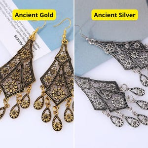 Ornate Gold Dangle Earrings with Vintage Filigree Design, Boho Statement Jewelry for Women, Elegant Festival Accessories, Gift Idea