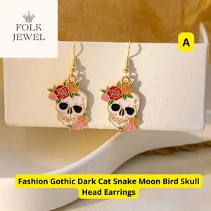 Floral Skull Enamel Earrings - Gothic Style with Roses, Boho Chic Statement Jewelry