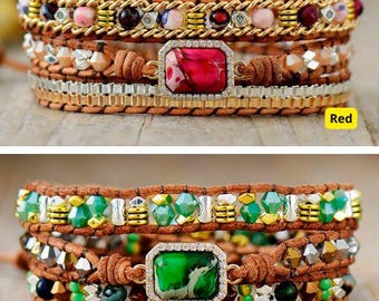Rotes Wickelarmband, Boho Chic Perlen Armband, Multi-Layer-Edelstein-Manschette, verstellbares Lederarmband, handgemachter Schmuck, Geschenk für Frauen