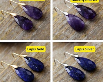 Amethist oorbellen, gouden druppeloorbellen, boho kristallen sieraden, elegante edelsteen oorbellen, hangoorbellen voor vrouwen, cadeau voor haar