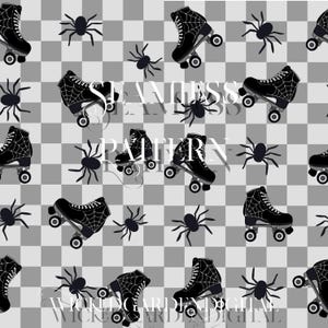 May include: A seamless pattern featuring black roller skates with spiderweb designs on a gray and white checkered background. Black spiders are scattered throughout the pattern.