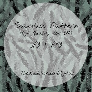 Może przedstawiać: Bezszwowy wzór czarnych i zielonych igieł sosnowych na białym tle. Tekst "Seamless Pattern", "High Quality 300 DPI", "jpg + png" i "WickedGardenDigital" jest napisany czarnym kolorem na białym tle.