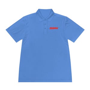 May include: A light blue polo shirt with short sleeves. The shirt has a collared neckline and a three-button placket. The letters "SDN" are printed in red on the left chest area.