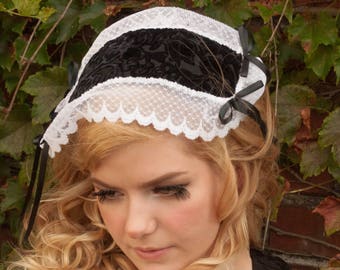 Black Lolita Cap with White Lace Trim and Black Bows