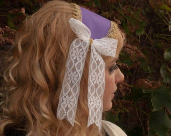 Lolita Cap, Purple with Gold Trim and White Lace Bows