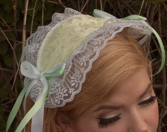 Green Lolita Cap with White and Silver Lace and Green and White Bows