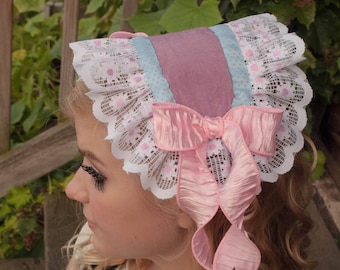 Floral Lace Lolita Headband with Pink Bows and Blue Ribbon