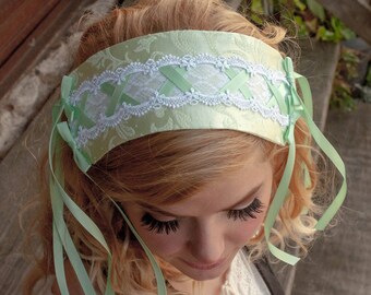 Criss-Crossed Green Lolita Headband with Lace and  Bows