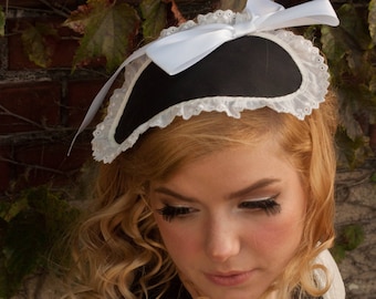 Black and White Lolita Cap with White Eyelet Lace and Large Satin Bow