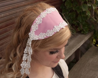 Pink Lolita Cap with White Lace and Cream Faux Pearls