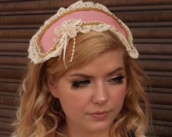 Pink Lolita Cap with White Lace and Yellow Braid with Faux Pearls